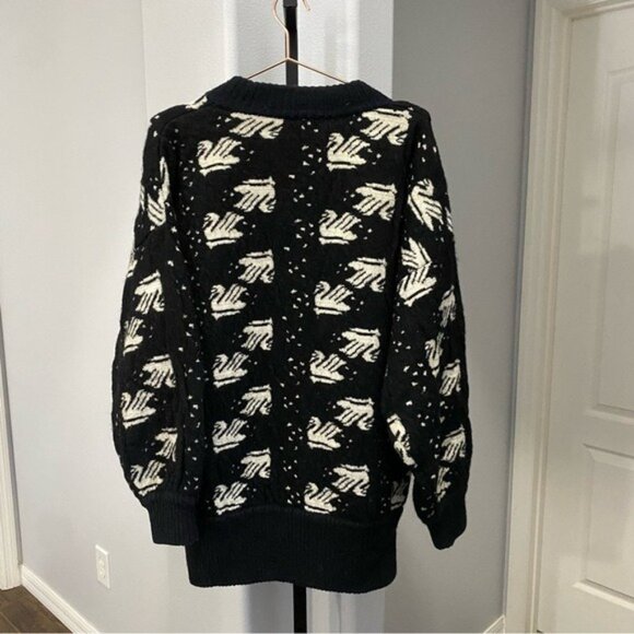 Vintage Bird Button Cardigan Wool Blend Swan Black White Print 60s Large - Picture 6 of 6